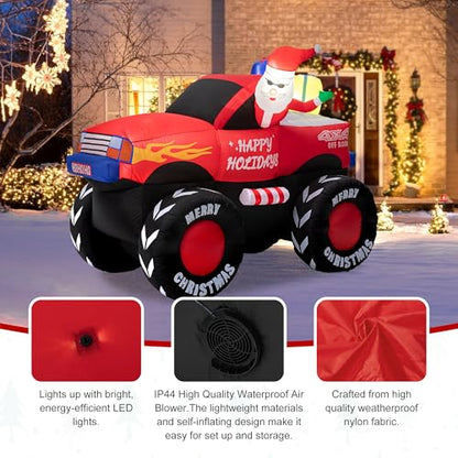 Inflatable Christmas Santa on Off-Road Pickup Truck Decor with Built-in LEDs - 7ft Holiday Yard Decoration