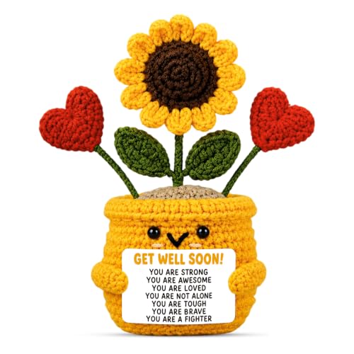 Get Well Soon Stress Relief Gift for Women & Men - Handmade Crochet Sunflower & Heart Decor