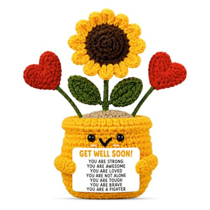 Get Well Soon Stress Relief Gift for Women & Men - Handmade Crochet Sunflower & Heart Decor