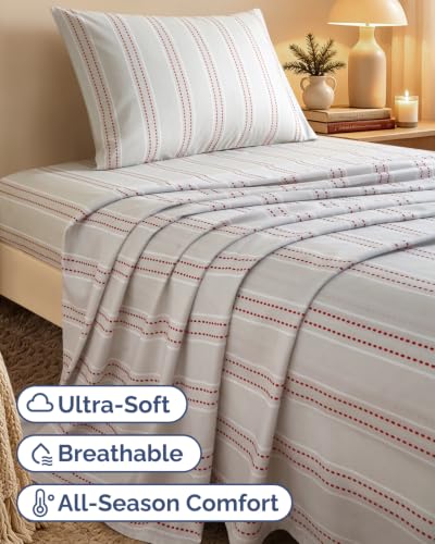 Christmas Sheet Set - Holiday Red Dot Stripe Bedding - Twin Size