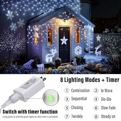 White Christmas Icicle String Lights 32Ft with 8 Modes & Timer - Waterproof Outdoor Decor