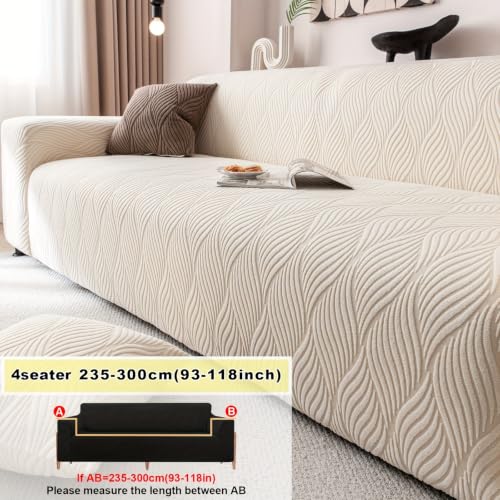 Jacquard Wave Stretch Couch Slipcover 4 Seater Beige All-Inclusive Elastic Fit