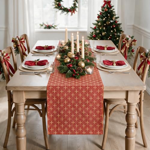 Red Cross-Star Textured Table Runner - Seasonal Christmas Rustic Decor 13x108 Inch