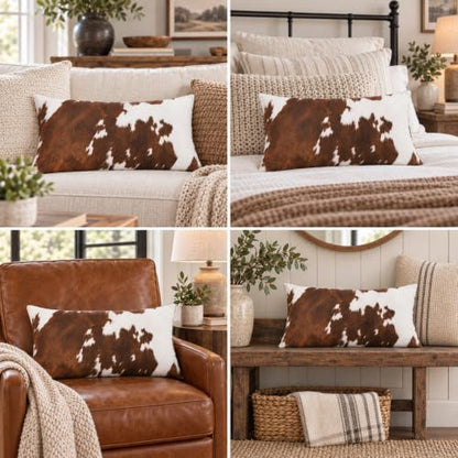 Brown Cowhide Print Lumbar Throw Pillow 12x20 Inch with Full Insert - Rustic Farmhouse Decor