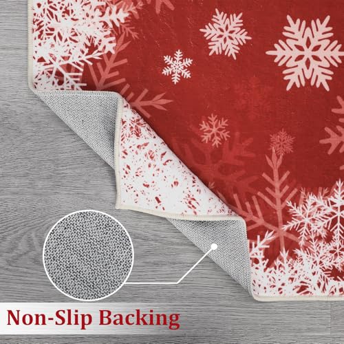Christmas Snowflake Rug 2x3 Entryway Rug - Red Snow Pattern, Non-Slip Backing