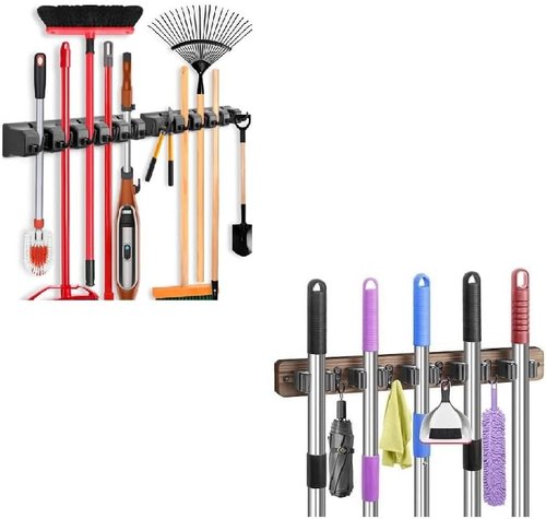 IMILLET Broom Holder Set - 2 Pack Plastic & 1 Pack Wood for Easy Storage | Durable & Space-Saving