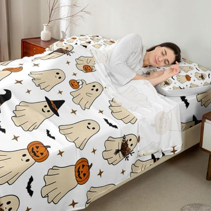 Beige Full Bed Sheets Set with Ghost Pumpkin Bats - Microfiber Breathable Soft