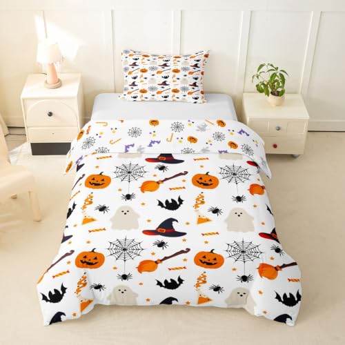 Halloween Pattern Duvet Cover Twin Size Pumpkin Ghost Print Comforter Cover for Kids - White Orange