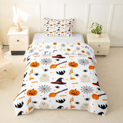 Halloween Pattern Duvet Cover Twin Size Pumpkin Ghost Print Comforter Cover for Kids - White Orange