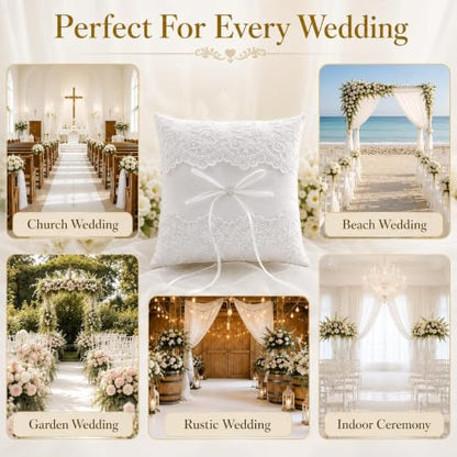 Wedding Ring Bearer Pillow with Lace Ribbons and Bow, 7.8 x 7.8 Inch