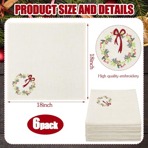 White Christmas Linen Napkins Set of 6 - Embroidered Wreath Holiday Table Decor