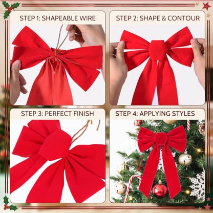 12PCS Velvet Red Christmas Bows for Holiday Decor 13x9 Inches
