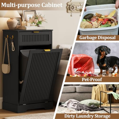 13 Gallon Tilt Out Trash Can Cabinet with Deodorising Function - Black / 20.28"W x 13.98"D x 38.58"H