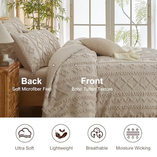 Queen Size Tufted Boho Duvet Cover Set - Farmhouse Beige Bedding