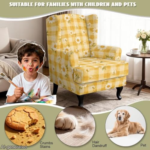 Yellow Gingham Daisy Print Stretch Wingback Chair Slipcover 2 Piece - Fits Chairs Up to 31.5"