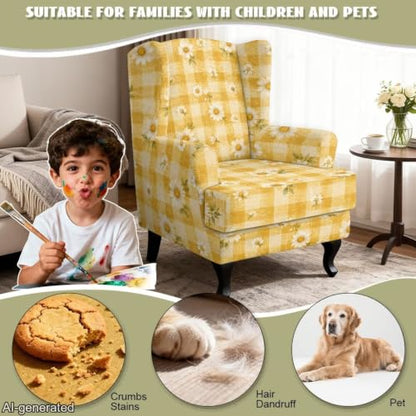 Yellow Gingham Daisy Print Stretch Wingback Chair Slipcover 2 Piece - Fits Chairs Up to 31.5"