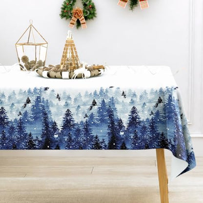 Waterproof Christmas Tablecloth 60x104 Inch Winter Forest Decor Blue