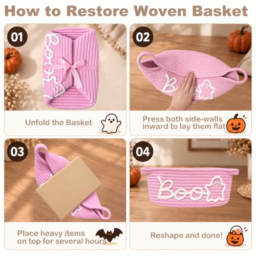 Pink Halloween Boo Basket with Handles - 2 Pack Ghost Gift Baskets for Women
