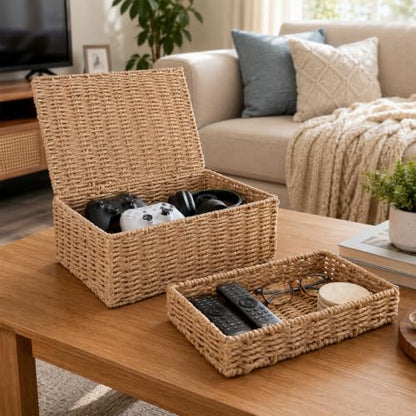 Decorative Storage Baskets with Lids - Woven Paper Rope Organizers Set