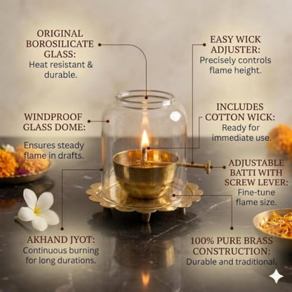 Brass Akhand Jyot Diya with Glass Cover and Adjustable Wick Control
