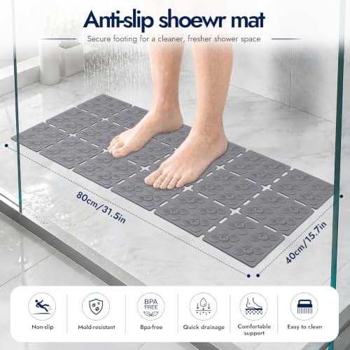 Non Slip Shower Mat 31.5 x 16 Inches Grey - TPE Bath Mat with Suction Cups