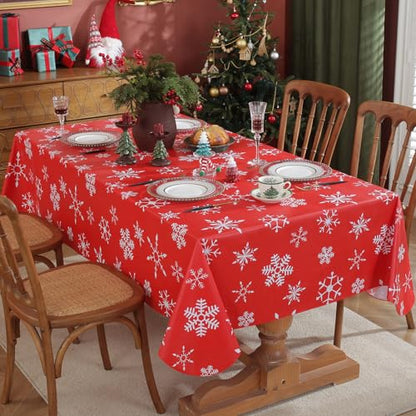 Christmas Red Snowflake Vinyl Tablecloth 70x52 Inches Waterproof Holiday Decor