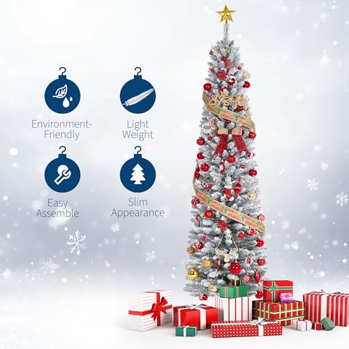 6ft Snow-Flocked Artificial Christmas Tree with Pre-Lit LED Lights - Pencil Shape, Hinged Branches, Metal Stand