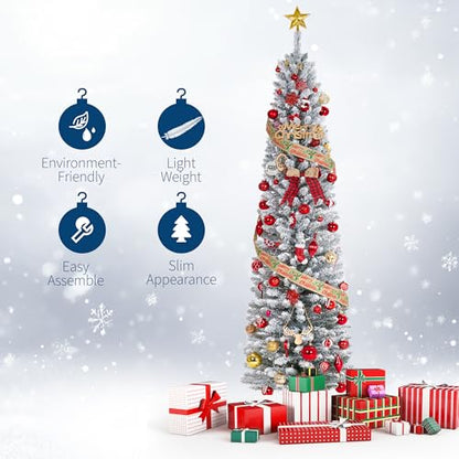 6ft Snow-Flocked Artificial Christmas Tree with Pre-Lit LED Lights - Pencil Shape, Hinged Branches, Metal Stand
