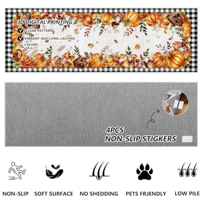 Orange and White Buffalo Plaid Fall Harvest Kitchen Runner Rug 2x6ft - Rustic Leaf Design