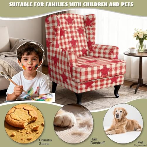Red Wingback Chair Cover Slipcover 2-Piece Color Block Star Print - Non-Slip & Protects Furniture