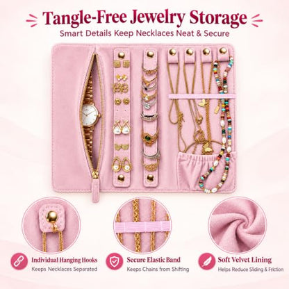 Travel Jewelry Organizer Case Pink Jewelry Roll for Necklaces Rings & Earrings