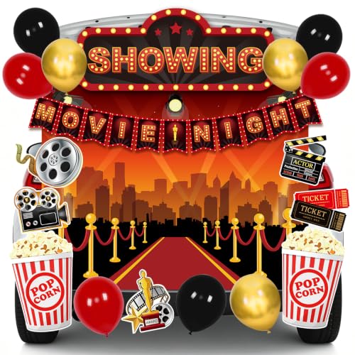Halloween Movie Night Car Decorations Kit with Banner and Balloons - Variation of Movie Night