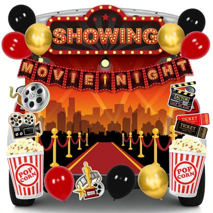 Halloween Movie Night Car Decorations Kit with Banner and Balloons - Variation of Movie Night