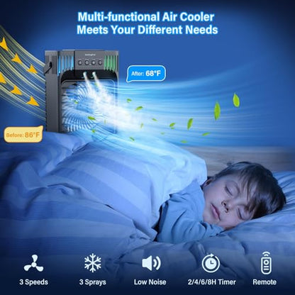 Portable 4-in-1 Evaporative Air Cooler with Remote, 3 Modes & LED Light - Black