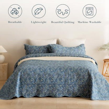 Navy Blue Floral Oversized King Bedspread 128x120 - Cotton Quilt Set