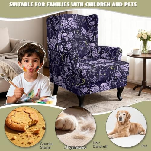 Halloween Skull Floral Wingback Chair Cover Set - 2 Piece Slipcover for Furniture Protection & Decor