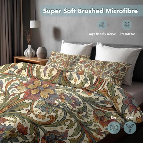 King Size Reversible Duvet Cover Set with Pillowcases - Morris Style Green Beige - 3 Piece