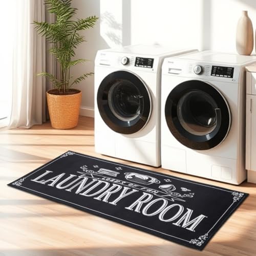 Black Laundry Room Rug Runner 20" x 47" Non-Slip Quick Dry Floor Mat