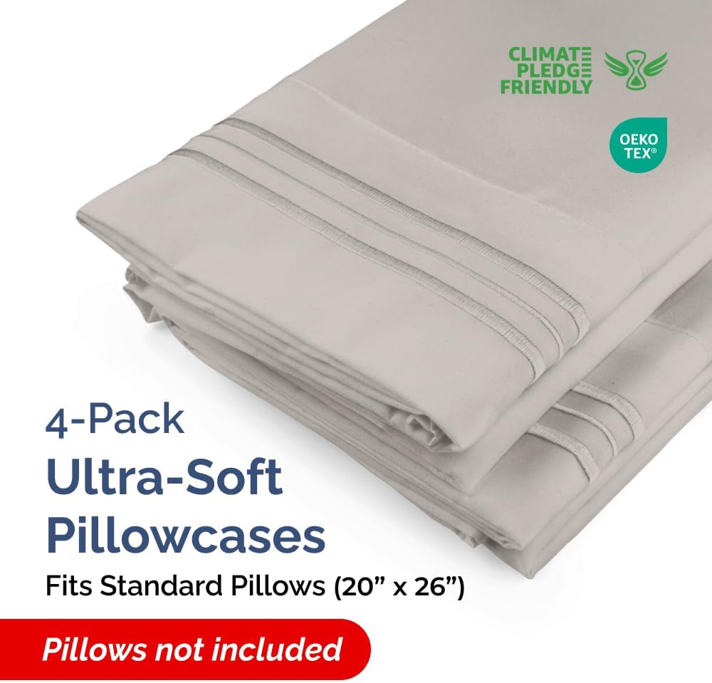 Skiennix Standard Pillow Cases Set of 4 - Ultra Soft Hotel Quality Covers - Machine Washable Light Grey