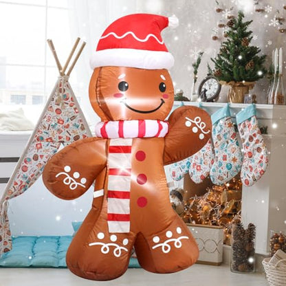 4 ft Inflatable Gingerbread Man Christmas Decoration with Santa Hat & LED Lights
