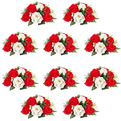 Artificial Rose Balls Set - Red & White for Centerpieces, 10 Pack