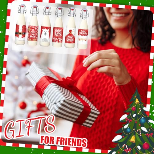6 Pack Christmas Red Glass Coquito Bottles with Swing Top Cap & Labels