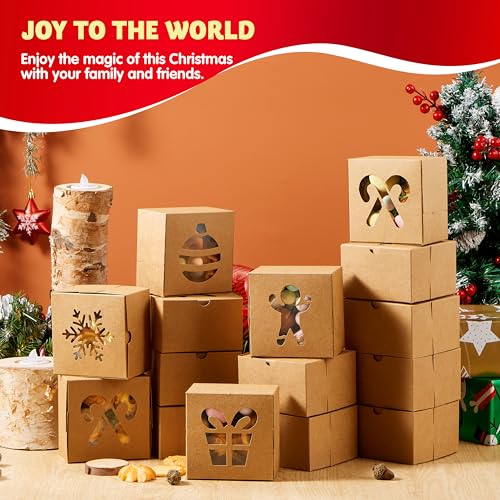 Brown Christmas Cookie Gift Boxes - 36 Pack with Window, 4x4x2.5 Inches