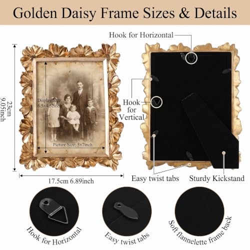 Gold 5x7 Floral Vintage Picture Frame with Enamel Finish - Tabletop & Wall Mount