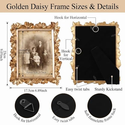 Gold 5x7 Floral Vintage Picture Frame with Enamel Finish - Tabletop & Wall Mount