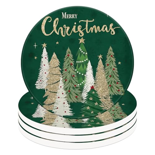 Christmas Ceramic Coasters Green Gold Xmas Tree Drink Coasters Set - Holiday Home Decor