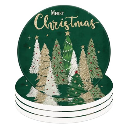 Christmas Ceramic Coasters Green Gold Xmas Tree Drink Coasters Set - Holiday Home Decor