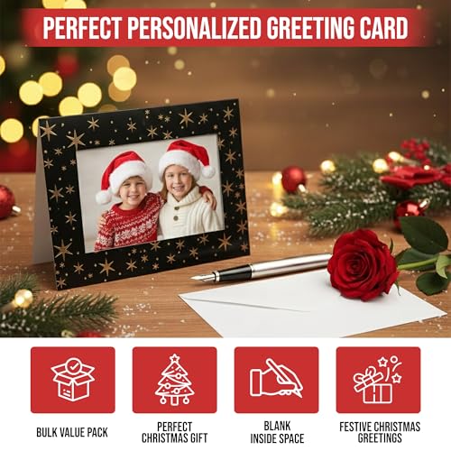 Christmas Photo Frame Cards Black and Gold 16-Pack