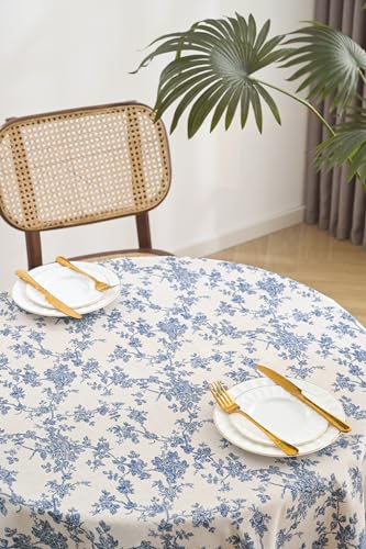 Blue Floral Cotton Linen Rectangle Tablecloth 55x120 Inches - Rustic Decor