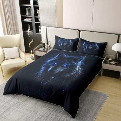 Black Blue Twin Duvet Cover Set for Kids Boys Girls Wildlife Cotton Breathable 2Pcs